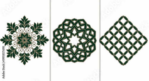 Three distinct geometric patterns, including a floral mandala, a star-based design, and a diamond lattice, are presented vertically.