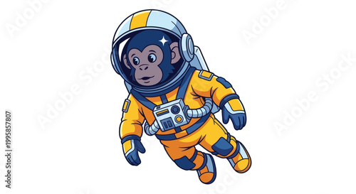 Cute Monkey Astronaut Floating in Space Wearing Yellow Suit and Helmet
