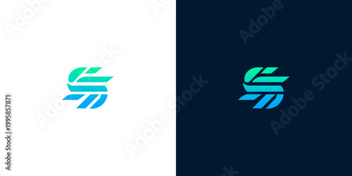 Modern abstract letter S logo design, clean geometric emblem with gradient colors on white and dark backgrounds, professional branding element