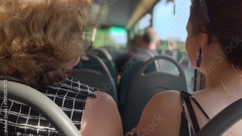 Women riding on the upper deck of a city bus in Liverpool. Urban travel sightseeing double decker.