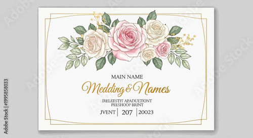 Elegant Wedding Invitation Card with Roses and Golden Border