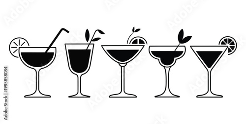 Cocktail vector icons with various glasses and garnishes