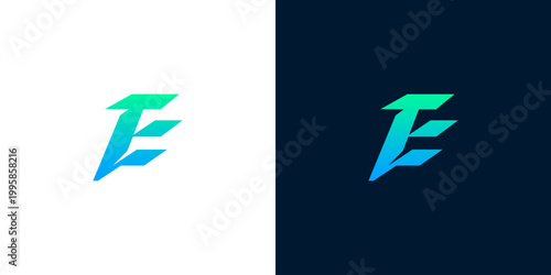 Modern Lettermark Logo Design - Abstract Geometric 'TE' Monogram in Blue and Green Gradient on White and Dark Backgrounds
