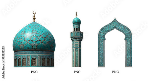 An ornate turquoise mosque dome, minaret, and arched gateway are presented in detailed Islamic architectural style.