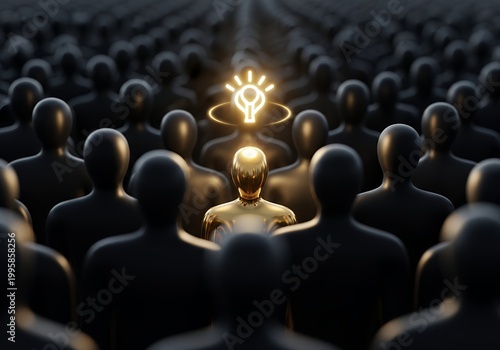 Illuminated Figure with Lightbulb Head Stands Out in a Crowd of Dark Silhouettes.