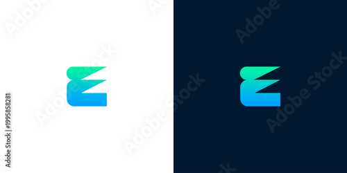 Modern and elegant letter E logo design with gradient color on white and dark backgrounds