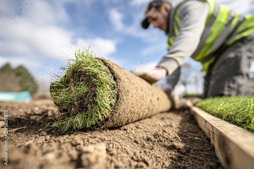 A worker installs a fresh roll of sod grass on prepared soil in an outdoor landscaping project.