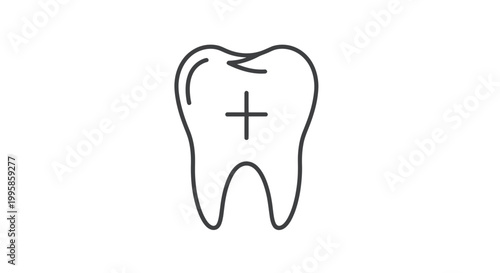 Dental care icon, tooth symbol with plus sign, minimalist line art, white background