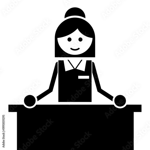 Friendly receptionist or attendant icon behind a desk