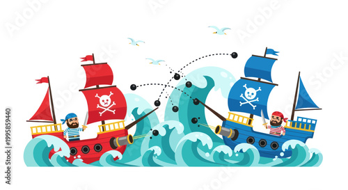 Pirate Ship Battle on Rough Seas with Cannonballs Flying