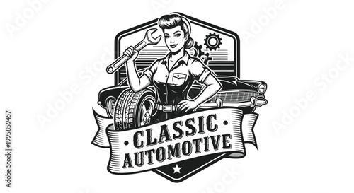 Retro Woman Mechanic with Wrench and Classic Car Emblem