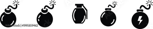 Bomb explosive weapon danger icon set collection group in black flat style featuring grenade, dynamite, blast, detonation synonym elements for hazard, warning and military design use