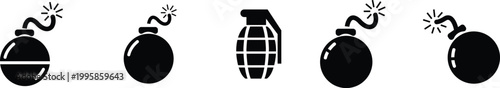 Bomb explosive weapon danger icon set collection group in black flat style featuring grenade, dynamite, blast, detonation synonym elements for hazard, warning and military design use