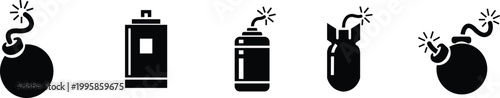 Bomb explosive weapon danger icon set collection group in black flat style featuring grenade, dynamite, blast, detonation synonym elements for hazard, warning and military design use