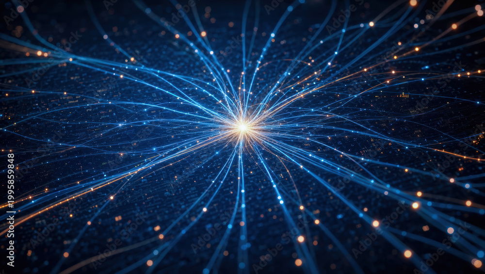Fototapeta premium Network light burst abstract data flow digital connection blue line glowing center dark background technology pattern radial network energy stream, SEO assistant data