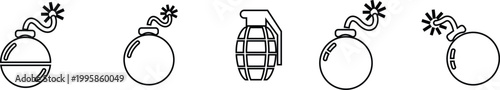 Bomb explosive weapon danger icon set collection group in black line style featuring grenade, dynamite, blast, detonation synonym elements for hazard, warning and military design use
