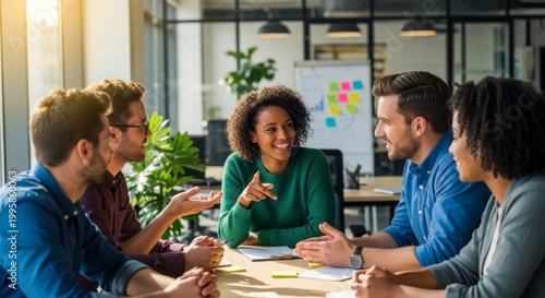 Colleagues in a Casual Office Meeting Leaning In
