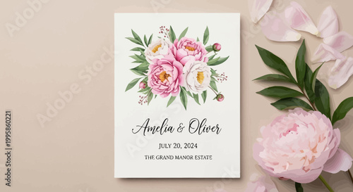 Wedding Invitation with Pink Peony Floral Design and Couple's Names