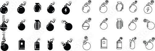 Bomb explosive weapon danger icon set collection group in black flat and line style featuring grenade, dynamite, blast, detonation synonym elements for hazard, warning and military design use