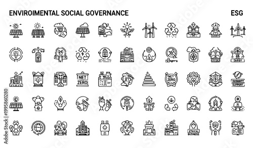 ESG line icon mega set with environmental social governance and sustainability symbols in clean vector illustration