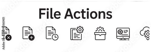 Vector icons for file actions: delete, add, time, settings, folder, computer, cloud sync.