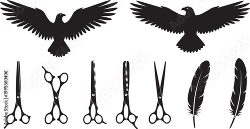 Set of Eagle Silhouettes, Professional Barber Scissors, and Bird Feathers Vector Icons 