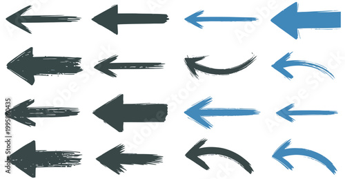 Set of grunge and brush stroke arrows pointing left in various dark and blue tones.