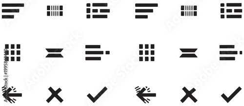 Set of abstract icons for menu, actions, and navigation including arrows, cross, and checkmark.