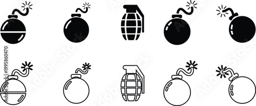 Bomb explosive weapon danger icon set collection group in black flat and line style featuring grenade, dynamite, blast, detonation synonym elements for hazard, warning and military design use