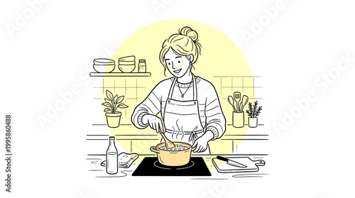 A young woman happily cooking a delicious meal in a bright, modern kitchen, stirring a pot on the stove with a smile