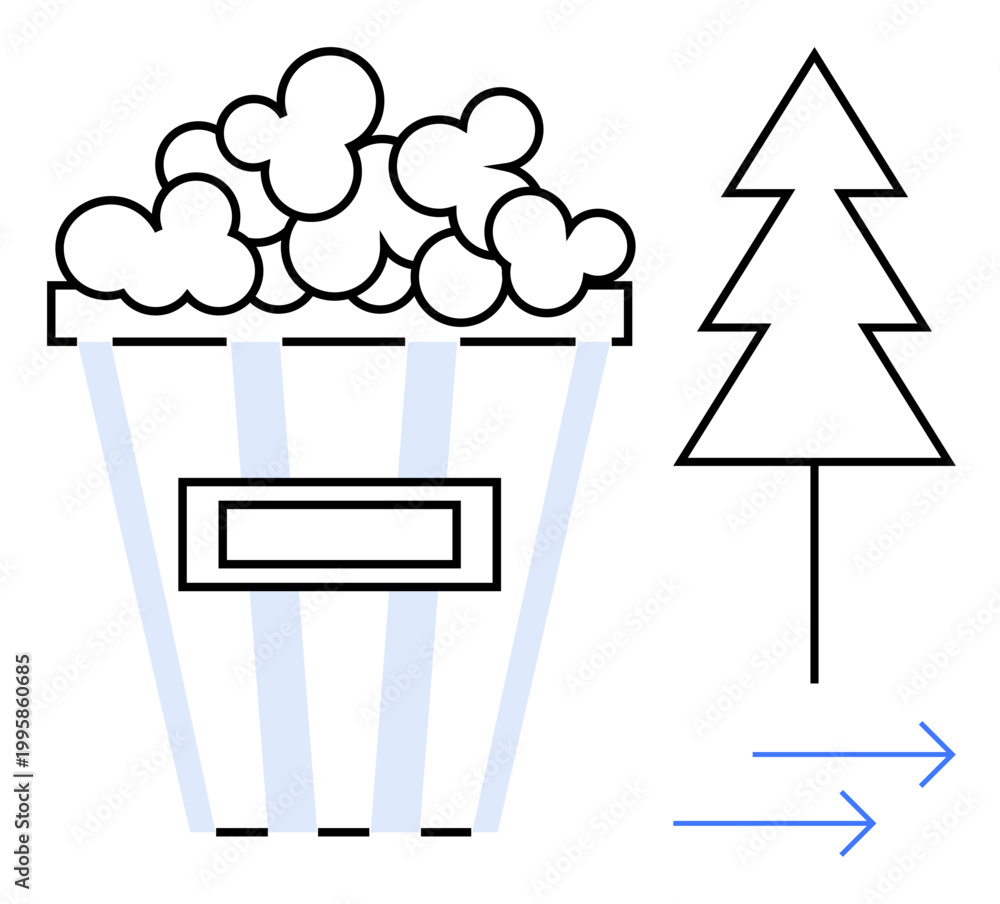 Naklejka premium Entertainment, holidays, celebrations, eco-awareness, minimalism, decor ideas. Popcorn bucket and tree illustration with arrows. Entertainment and holidays in a minimalist context