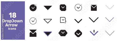 Set of 18 modern flat design dropdown arrow icons for user interface elements.