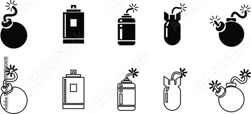 Bomb explosive weapon danger icon set collection group in black flat and line style featuring grenade, dynamite, blast, detonation synonym elements for hazard, warning and military design use