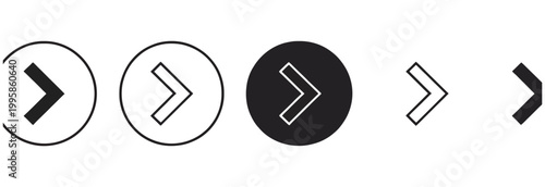 Set of right-pointing arrow icons in circular and simple styles, vector graphic.