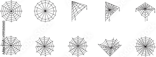 Set of Spider Web Icons and Cobweb Silhouettes for Halloween Design 
