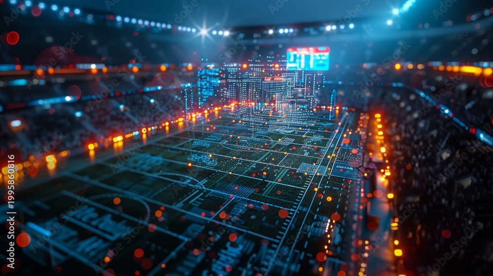 Fototapeta premium A futuristic stadium with holographic displays showing replays and analysis during a sporting event.