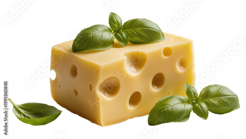 Quadro em tela Large Swiss Cheese Block Topped with Fresh Green Basil Leaves