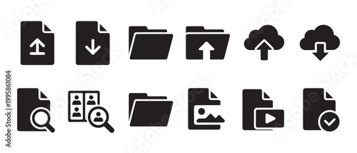 Set of black solid icons for file management, data transfer, cloud storage, and search operations.
