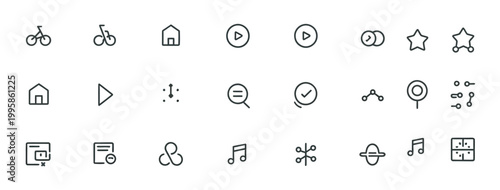 Assortment of simple outline icons for lifestyle, technology, and creative activities