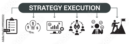 Strategy execution concept with icons for planning, ideas, analysis, teamwork, and success.