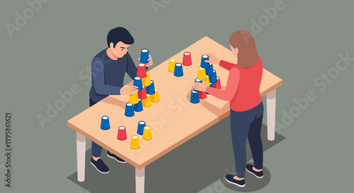 Isometric Illustration of a Man and Woman Engaged in a Competitive Cup Stacking Game and Building Towers on a Table