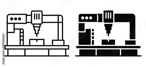 Two Designs of CNC Machine Illustration in Black and White Style