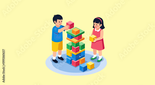 Young Boy and Girl Playing Together and Building a Tall Tower with Colorful Toy Blocks, Concept of Childhood Creativity and Early Development Vector Illustration