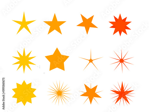 Orange and Yellow Star Shapes Collection, Sparkling Burst and Geometric Sparkle Icons Set, Isolated Vector Flat Illustration