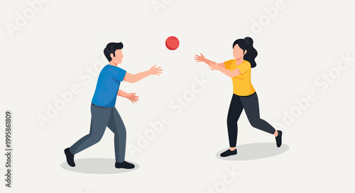 Young Man and Woman Playing Catch with a Red Ball Vector Illustration