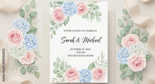 Elegant Wedding Invitation Card with Roses and Hydrangeas, Soft Pastel Colors