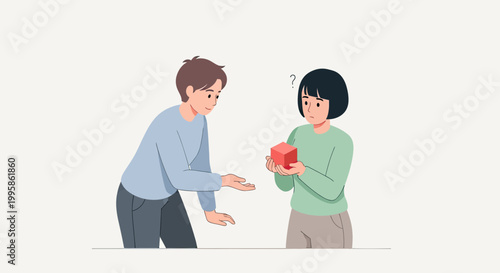 Mentorship and collaboration concept showing a young man helping a confused woman solve a puzzle with a red cube, flat vector illustration