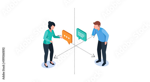 Isometric Vector Illustration of a Man and Woman Communicating with Chat Bubbles Across a Divider, Representing Digital Messaging and Social Interaction
