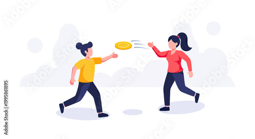 Flat vector illustration of a woman and child playing frisbee outdoors, active lifestyle and leisure concept.