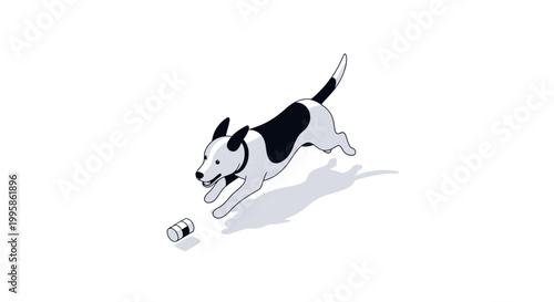 Isometric vector illustration of a playful black and white dog jumping to catch a small toy, isolated on a white background.